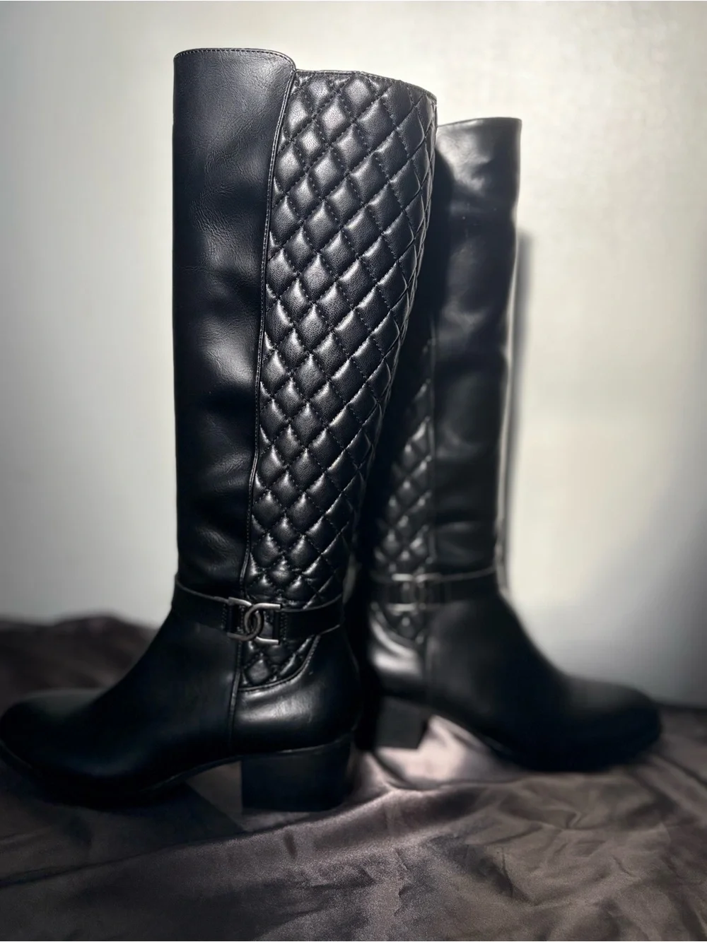 Adrienne Vittadini Black Quilted Shaft Over-the-Knee Boots